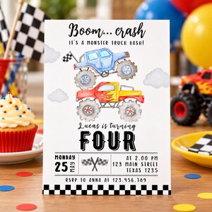 Puede incluir: Una tarjeta de invitaci&oacute;n rectangular con ilustraciones en acuarela de un cami&oacute;n monstruo azul y uno rojo. El texto dice: Boom... crash IT'S A MONSTER TRUCK BASH! Lucas is turning FOUR. Incluye fecha, hora, lugar y detalles de RSVP con banderas a cuadros.