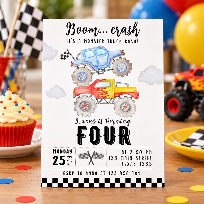 Puede incluir: Una tarjeta de invitaci&oacute;n rectangular con ilustraciones en acuarela de un cami&oacute;n monstruo azul y uno rojo. El texto dice: Boom... crash IT'S A MONSTER TRUCK BASH! Lucas is turning FOUR. Incluye fecha, hora, lugar y detalles de RSVP con banderas a cuadros.