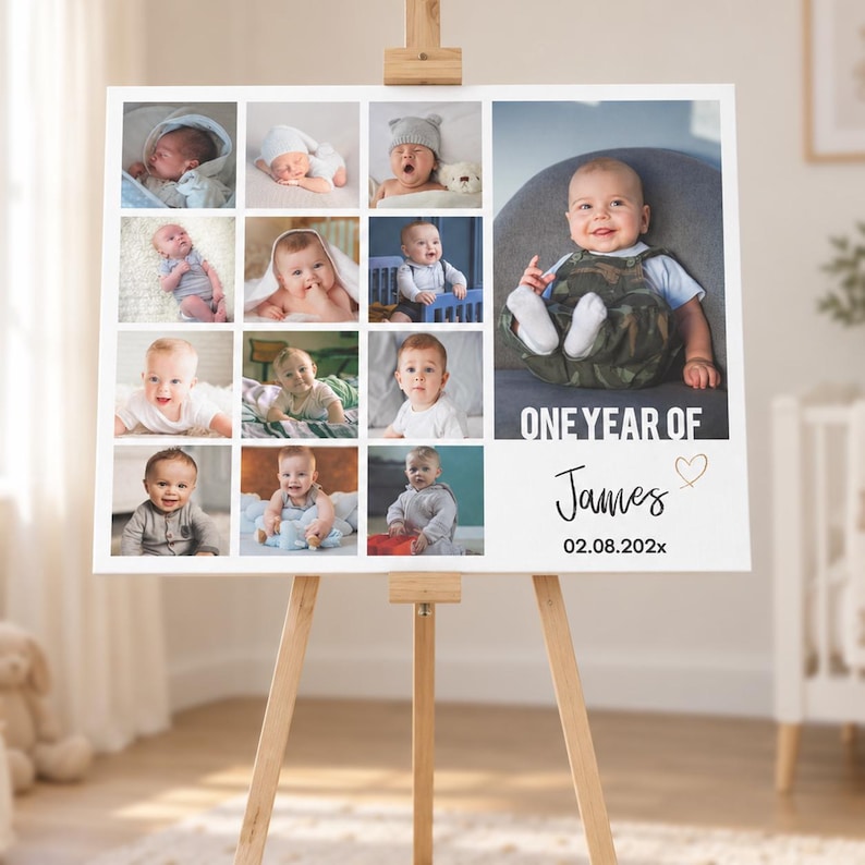 May include: A rectangular photo collage board featuring twelve individual baby photographs arranged in a grid and a larger main image on the right. The text reads ONE YEAR OF James with a small heart icon and the date 02.08.202x printed below.