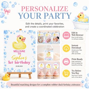Editable Rubber Duckie Birthday Invitation Bundle, Girl 1st Birthday Party Kit, Yellow Duck Birthday Decor Package. D008 image 2