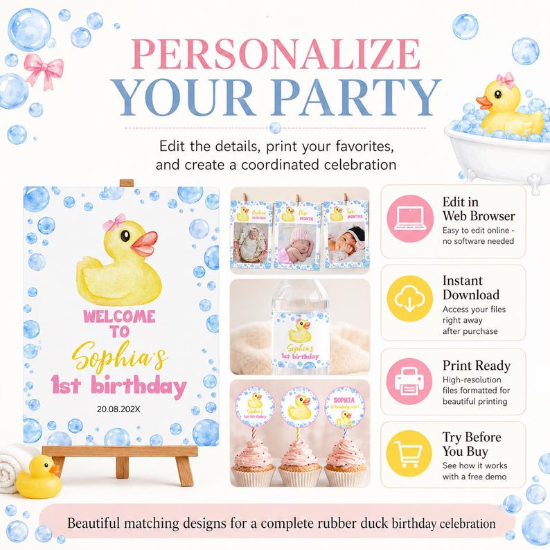 Editable Rubber Duckie Birthday Invitation Bundle, Girl 1st Birthday Party Kit, Yellow Duck Birthday Decor Package. D008 image 2