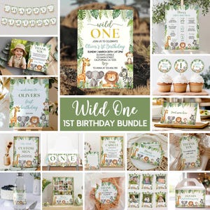 Bearbeitbares Safari-Geburtstagseinladungspaket, Wild One-Einladungskit, Safaritiere 1. Geburtstags-Einladungspartypaket, Sofort-Download A008