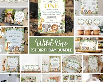 May include: A jungle-themed first birthday party bundle featuring invitations, banners, cupcake toppers, signs, and thank you tags. Each item displays illustrations of a giraffe, elephant, lion, and zebra with green tropical leaf accents.
