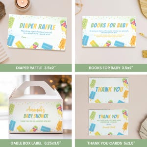 May include: A set of baby shower stationery featuring popsicle illustrations and polka dots. Includes a 3.5x2 inch diaper raffle card, a 3.5x2 inch books for baby card, a 6.25x3.5 inch gable box label, and 5x3.5 inch thank you cards with text.