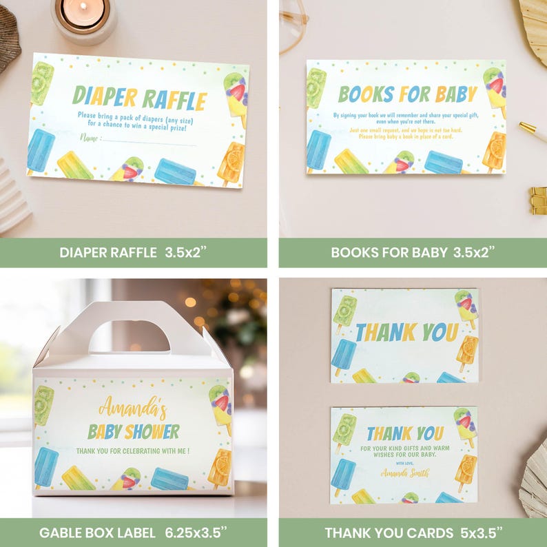 May include: A set of baby shower stationery featuring popsicle illustrations and polka dots. Includes a 3.5x2 inch diaper raffle card, a 3.5x2 inch books for baby card, a 6.25x3.5 inch gable box label, and 5x3.5 inch thank you cards with text.