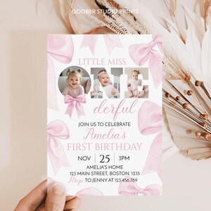 Coquette Pink Bow 1st Birthday Invitation, Little Miss Onederful Invitation, Blush Pink First Birthday Photo Invite, Printable Template. image 2
