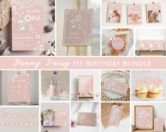 Bewerkbare Daisy eerste verjaardagsuitnodiging bundel, Bunny Birthday Party Decor Kit, Retro Daisy thema verjaardagspakket, Instant Download. B017