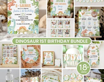 Edytowalny zestaw na przyjęcie urodzinowe z dinozaurem, zestaw dekoracji na pierwsze urodziny dinozaura, pakiet zaproszeń z dinozaurem, szablon do druku. D011