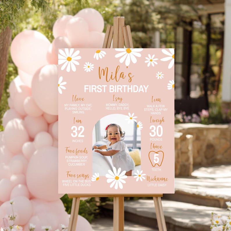 EDITIERBARE Daisy Erster Geburtstag Meilenstein Schild, Boho Ein Jahr Meilenstein Tafel, Daisy Geburtstagsparty Meilenstein Schild, druckbare Vorlage. #D003 Bild 2