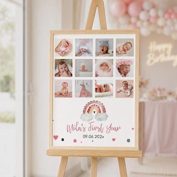 Boho Rainbow First Birthday Photo Board, Custom Baby Milestone Poster, Girl Birthday Party Decor, 1st Year Photo Collage Sign Template. R003