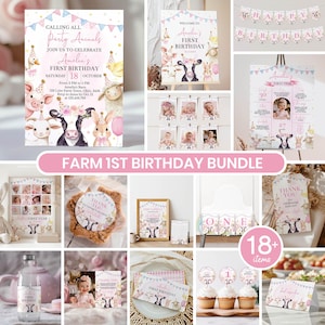 Editable Farm Girl Birthday Invitation Bundle, Barnyard Animal 1st Birthday Party Kit, Pink Farm Theme Printable Decor Set. F020