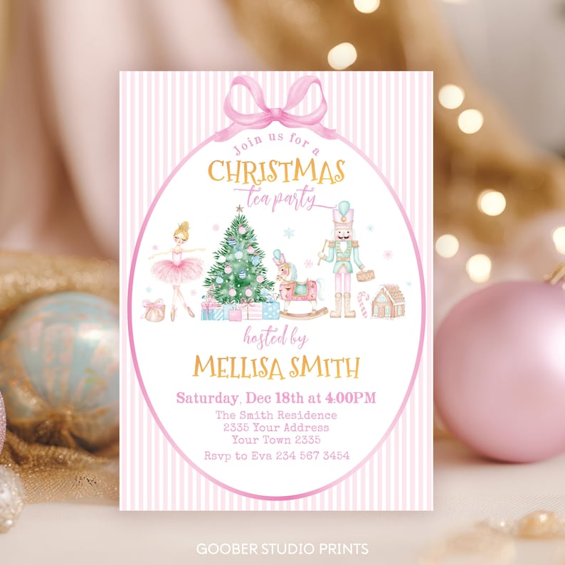 May include: A rectangular invitation card with a pink and white striped background featuring a central oval frame topped with a pink bow. The text reads Join us for a Christmas tea party hosted by Mellisa Smith, Saturday, Dec 18th at 4:00PM, The Smith Residence, 2335 Your Town 2335, Rsvp to Eva 234 567 3454. Illustrations include a ballerina, a Christmas tree, a rocking horse, a nutcracker, and a gingerbread house.
