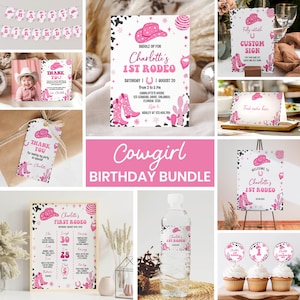 Disco Cowgirl 1st Birthday Invitation Bundle, My First Rodeo Birthday Kit, Wild West Birthday Party Package, Printable Template. C012