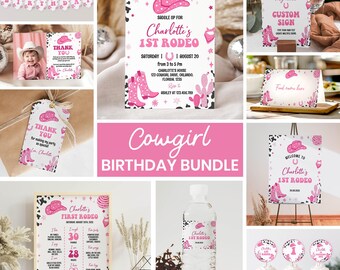 Disco Cowgirl 1st Birthday Invitation Bundle, My First Rodeo Birthday Kit, Wild West Birthday Party Package, Printable Template. C012