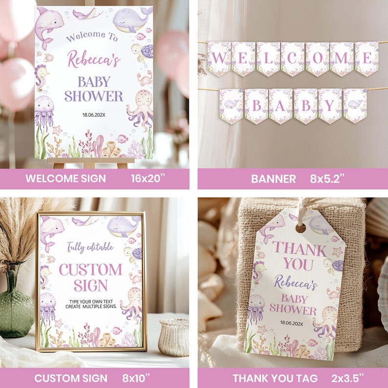 Puede incluir: Un set de papeler&iacute;a para baby shower con criaturas marinas en acuarela como delfines, ballenas, pulpos y medusas. Incluye un cartel de bienvenida de 40,6x50,8 cm, una pancarta de 20,3x13,2 cm, un cartel de 20,3x25,4 cm y una etiqueta de 6,4x8,9 cm.