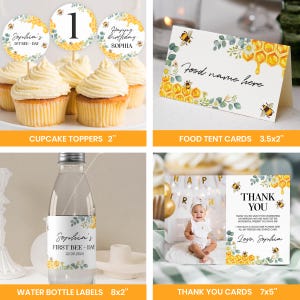 Bewerkbare First Bee Day-uitnodigingsbundel, Bee First-verjaardagsuitnodigingspakket, Honey Bee Birthday Party Decor Kit, Instant Download. B002 afbeelding 4