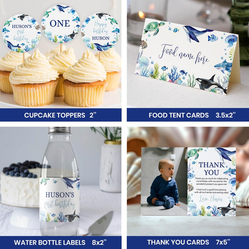 May include: A collection of ocean-themed party supplies including circular cupcake toppers, a 3.5x2 inch food tent card, a water bottle label, and a 7x5 inch thank you card, all featuring watercolor illustrations of sea life and blue text.