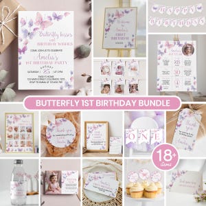 Editable Butterfly Birthday Invitation Bundle, Butterfly 1st Birthday Invite Kit, Pastel Butterfly Party Decor Package Instant Download B011