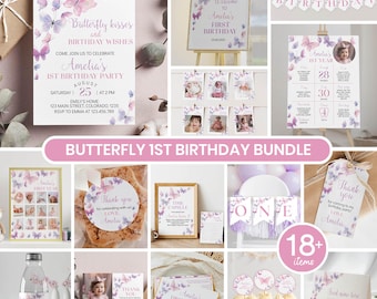 Editable Butterfly Birthday Invitation Bundle, Butterfly 1st Birthday Invite Kit, Pastel Butterfly Party Decor Package Instant Download B011