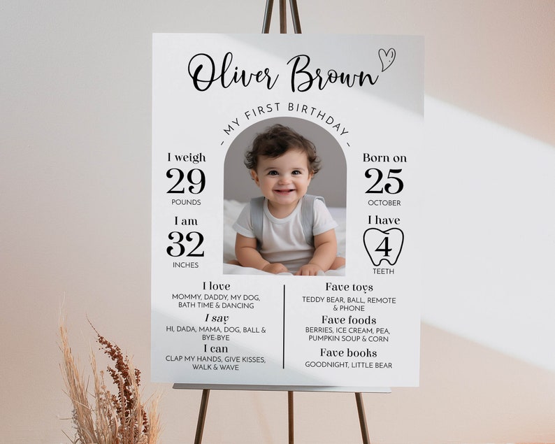 EDITABLE First Birthday Milestone Sign, Modern 1st Birthday Milestone Poster, One Year Of Baby Photo Milestone Board, Instant Download. M004 image 1