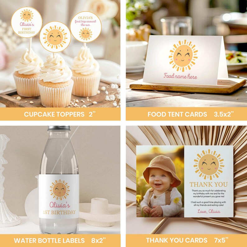 Puede incluir: Un conjunto de art&iacute;culos de fiesta con un dise&ntilde;o de sol sonriente. Incluye adornos para cupcakes de 5,08 cm, tarjetas de mesa de 8,89x5,08 cm, etiquetas para botellas de 20,32x5,08 cm y tarjetas de agradecimiento de 17,78x12,7 cm.