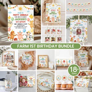 Editable Farm Birthday Invitation Bundle, Barnyard Birthday Party Kit, Cute Farm Party Animals Birthday Bundle Set, Any Age Birthday. A014
