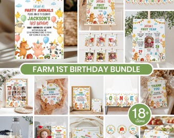 Pacote de convites de aniversário editáveis com tema de fazenda, kit para festa de aniversário com animais da fazenda, conjunto de convites fofos para festa de aniversário com animais da fazenda, para aniversários de qualquer idade. A014