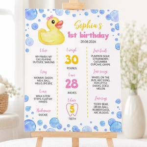 May include: A white birthday milestone sign featuring a yellow rubber duck with a pink bow, blue watercolor bubbles, and pink text. It lists Sophia's 1st birthday, 20.08.202X, 30 pounds, 28 inches, 5 teeth, and various personal facts in columns.