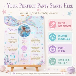Editable Mermaid Birthday Invitation Bundle, Under The Sea Birthday Party Decorations Kit, Girl Birthday Bundle Package, Printable. M010 image 2