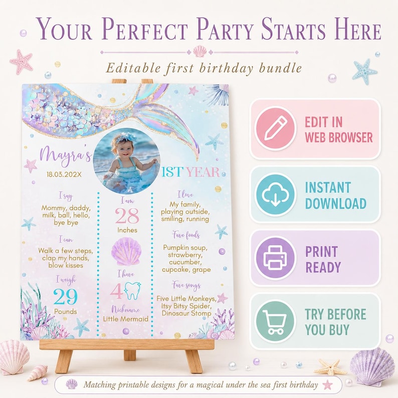 Editable Mermaid Birthday Invitation Bundle, Under The Sea Birthday Party Decorations Kit, Girl Birthday Bundle Package, Printable. M010 image 2