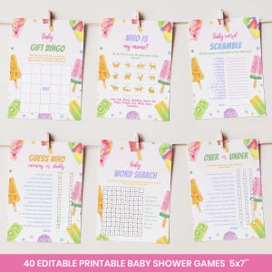 May include: Six printable baby shower game cards featuring colorful popsicle and fruit illustrations. The set includes Baby Gift Bingo, Who Is My Mama, Baby Word Scramble, Guess Who Mommy or Daddy, Baby Word Search, and Over or Under games.