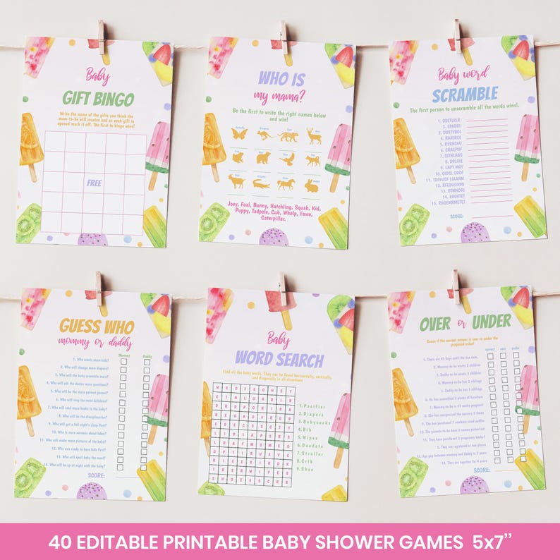 May include: Six printable baby shower game cards featuring colorful popsicle and fruit illustrations. The set includes Baby Gift Bingo, Who Is My Mama, Baby Word Scramble, Guess Who Mommy or Daddy, Baby Word Search, and Over or Under games.