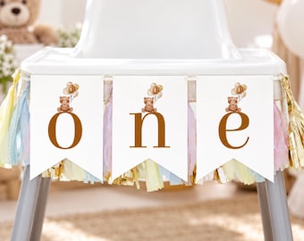 Beary First Birthday Highchair Banner, Teddy Bear Picnic One Highchair Banner, Modern Bear Birthday Party, Boho Decor, Instant Download T004