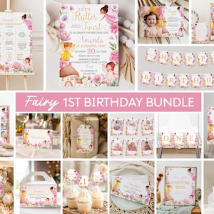 Editable Fairy Princess Birthday Bundle, Girl 1st Birthday Party Kit, Pink Fairy Invitation & Decor Set, Instant Download. F012
