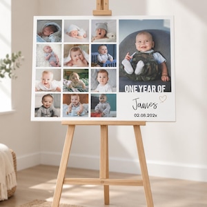 May include: A rectangular photo collage board featuring twelve smaller images of an infant and one large image of the same child. The text reads ONE YEAR OF James with a heart icon and the date 02.08.202x printed on a white background.