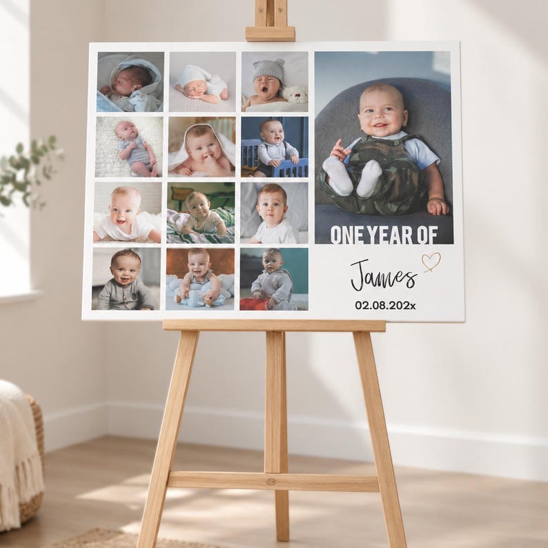 May include: A rectangular photo collage board featuring twelve smaller images of an infant and one large image of the same child. The text reads ONE YEAR OF James with a heart icon and the date 02.08.202x printed on a white background.