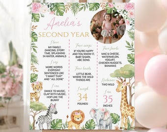 Editable Two Wild Milestone Sign | Pink Floral Safari 2nd Birthday Board | Jungle Animals Milestone Poster | Instant Download | A018