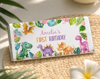 EDITABLE Dinosaur Birthday Party Chocolate Wrapper, Dinosaur 1st Birthday Candy Bar Wrapper, Girl Birthday Party Favor, Printable. D015