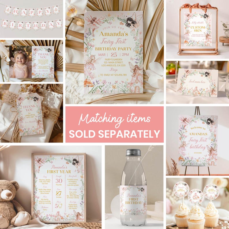 May include: A set of printable party decorations for a first birthday party with a fairy theme. The decorations include a banner, invitation, cupcake toppers, a welcome sign, a water bottle label, and a sign for a first year milestone chart. The decorations feature a pink and gold color scheme with floral and fairy illustrations.