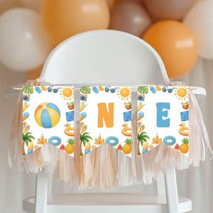One in the Sun Highchair Banner, Editable Summer 1st Birthday Banner, Sunshine Party Decor, Printable Beach Baby Banner. S024