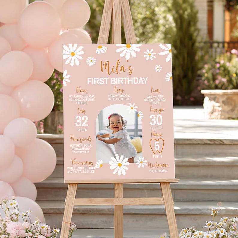 EDITIERBARE Daisy Erster Geburtstag Meilenstein Schild, Boho Ein Jahr Meilenstein Tafel, Daisy Geburtstagsparty Meilenstein Schild, druckbare Vorlage. #D003 Bild 3