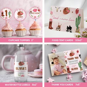 Puede incluir: Un conjunto de papeler&iacute;a para fiestas con tem&aacute;tica western, con detalles florales rosas, botas de vaquero, cactus y estampados de vaca. Incluye adornos para cupcakes, una tarjeta de mesa, una etiqueta para botella y una tarjeta de agradecimiento.