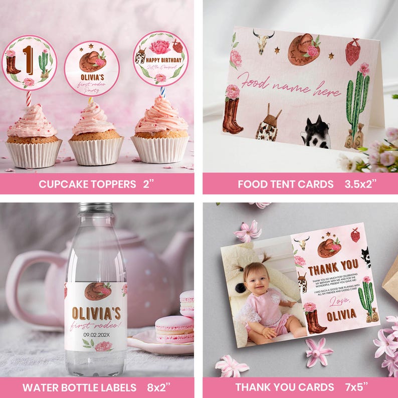 Puede incluir: Un conjunto de papeler&iacute;a para fiestas con tem&aacute;tica western, con detalles florales rosas, botas de vaquero, cactus y estampados de vaca. Incluye adornos para cupcakes, una tarjeta de mesa, una etiqueta para botella y una tarjeta de agradecimiento.