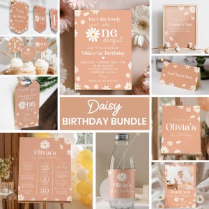 Redigerbart Daisy 1-årsinbjudningspaket, Little Miss Onederful födelsedagskit, Boho Daisy födelsedagsfestpaket, omedelbar nedladdning. D003