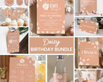 Editable Daisy 1st Birthday Invitation Bundle, Little Miss Onederful Birthday Kit, Boho Daisy Birthday Party Package, Instant Download. D003