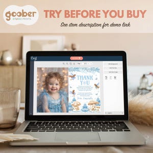 May include: A laptop screen displaying a digital thank you card template with a photo of a child in a blue dress, fairy illustrations, and mushroom graphics. The text reads THANK YOU, thank you so much for celebrating my birthday, and Love Amanda.