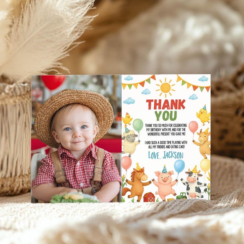 EDITABLE Farm Birthday Thank You Card, Farm Party Photo Thank You Card ...