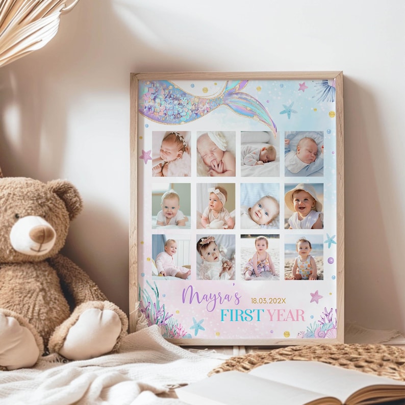 Editable Mermaid First Year Photo Collage, Mermaid 1st Birthday Milestone Poster, Under The Sea Birthday Decorations, Instant Download