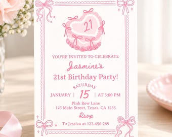 Girls 21st Birthday Invite, Coquette Pink Bow First Birthday Invitation, Pink Party Girl 21st Birthday, Vintage Cake Retro Template. C014