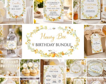 Paquete de invitaciones editables para el primer cumpleaños de una niña, kit de decoración para fiesta de primer cumpleaños con temática de abejas, paquete de invitaciones de cumpleaños con temática de abejorros, descarga instantánea. H002